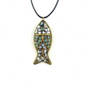 Nepalese Artisan Fish Pendant Necklace in Turquoise and Gold. ** Unisex